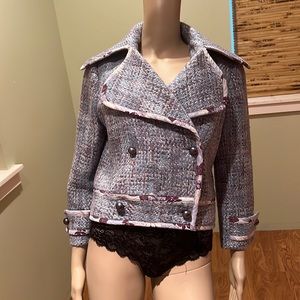 Marciano Blue Tweed Double Breasted Crop Jacket W/ Piping That Matches Lining  L